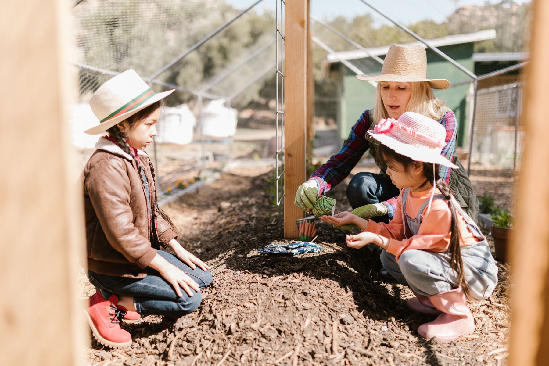 Children learning how to plant in a garden with an adult